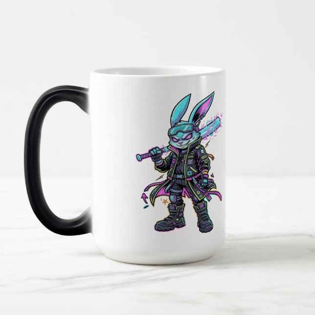 Cyberpunk Neon Rabbit Warrior – Futuristic Bunny Magic Mug (Left)