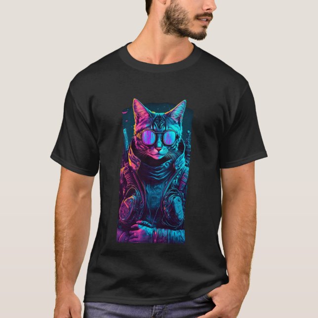 Cyberpunk neon twilight cat glasses soldier black  T-Shirt (Front)