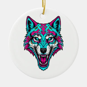 Cyberpunk Neon Wolf - Synthwave Robotic Animal Ceramic Ornament