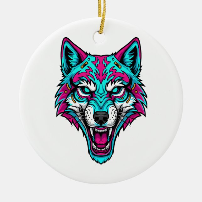 Cyberpunk Neon Wolf - Synthwave Robotic Animal Ceramic Ornament (Front)