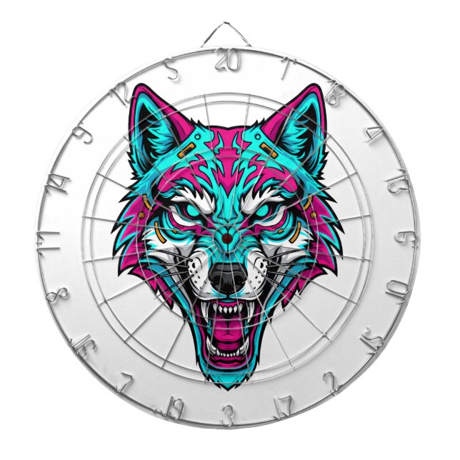 Cyberpunk Neon Wolf - Synthwave Robotic Animal Dartboard (Front)