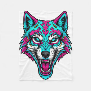Cyberpunk Neon Wolf - Synthwave Robotic Animal Fleece Blanket