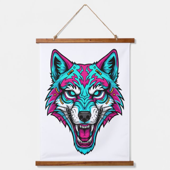 Cyberpunk Neon Wolf - Synthwave Robotic Animal Hanging Tapestry (Front)