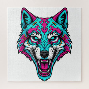 Cyberpunk Neon Wolf - Synthwave Robotic Animal Jigsaw Puzzle
