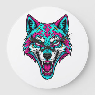 Cyberpunk Neon Wolf - Synthwave Robotic Animal Large Clock