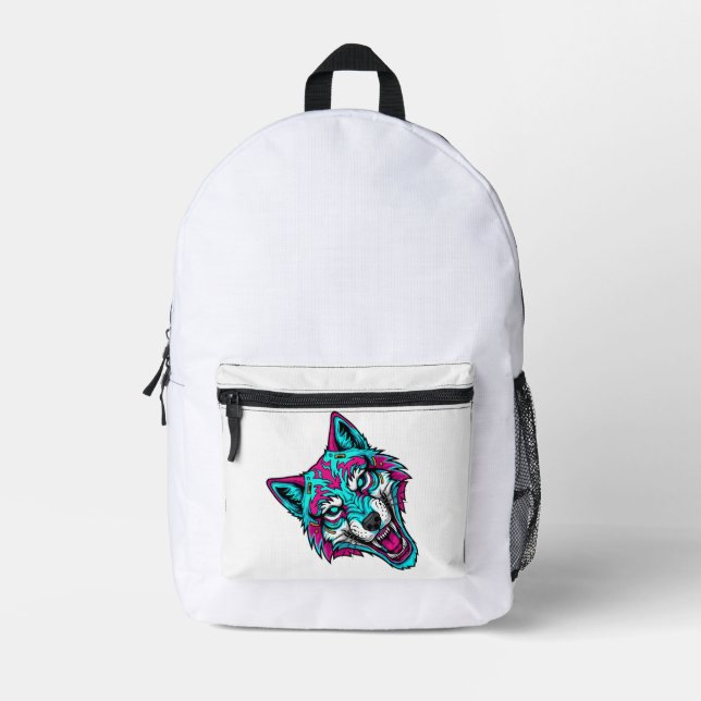 Cyberpunk Neon Wolf - Synthwave Robotic Animal Printed Backpack (Front)