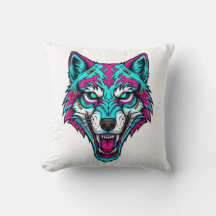 Cyberpunk Neon Wolf - Synthwave Robotic Animal Throw Pillow