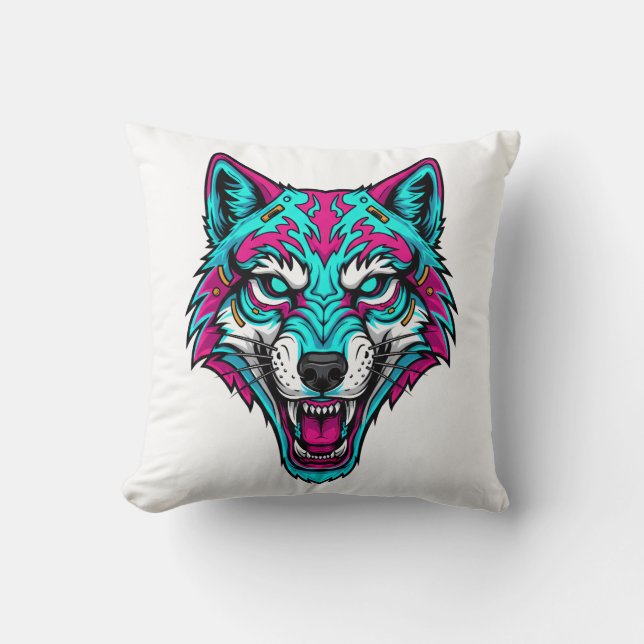 Cyberpunk Neon Wolf - Synthwave Robotic Animal Throw Pillow (Front)