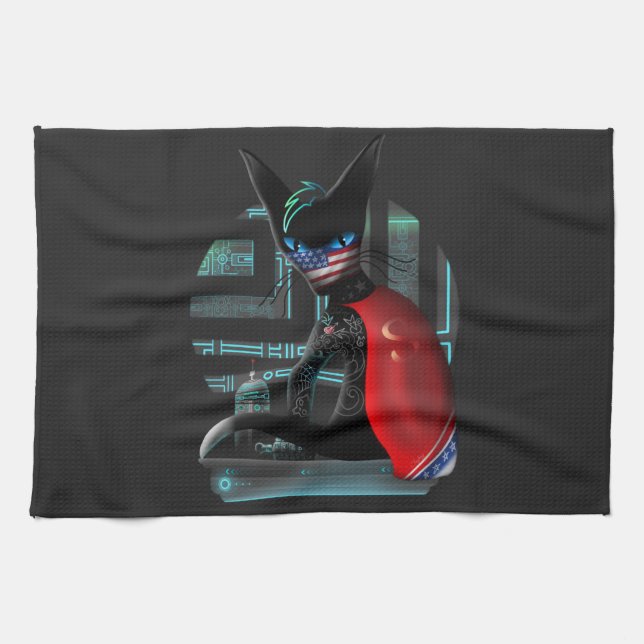  Cyberpunk Ninja Black Cat Kitchen Towel (Horizontal)