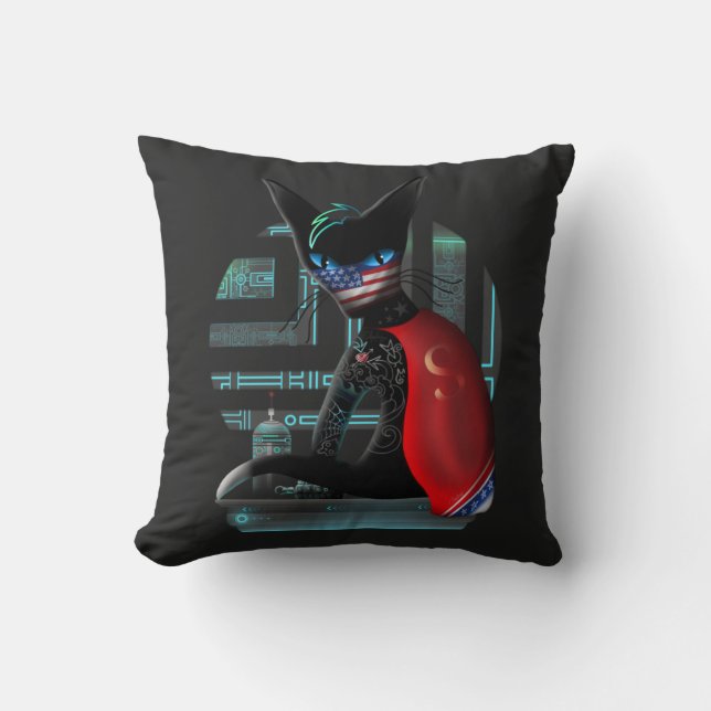  Cyberpunk Ninja Black Cat Throw Pillow (Front)
