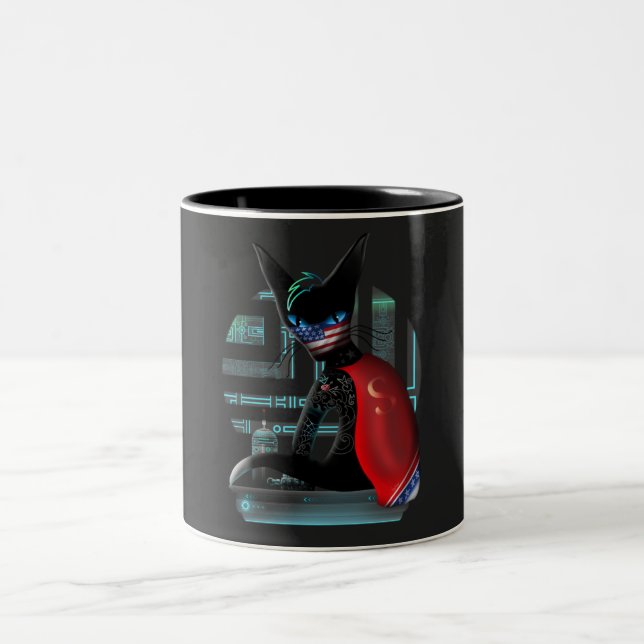  Cyberpunk Ninja Black Cat Two-Tone Coffee Mug (Center)