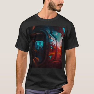 Cyberpunk Outrun Monorail Railfan Futuristic Surre T-Shirt