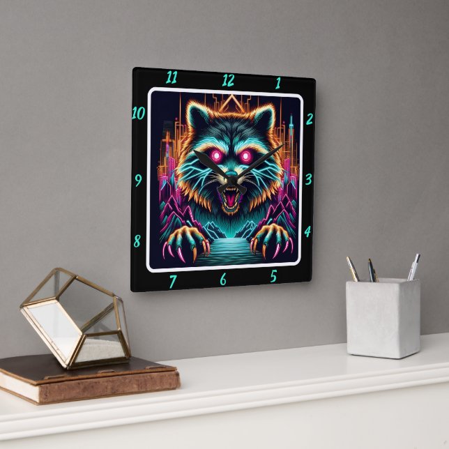 Cyberpunk Raccoon Glowing Night  Square Wall Clock (Office)