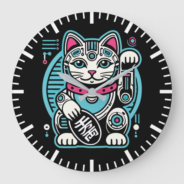 Cyberpunk Robot Maneki Neko Lucky Cat, Money Large Clock (Front)