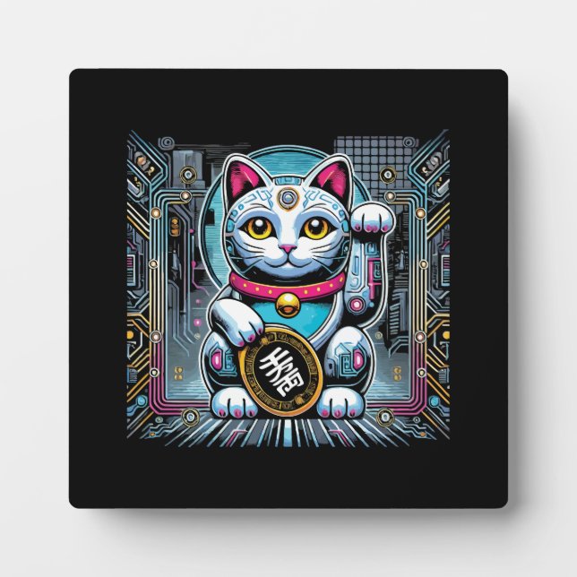 Cyberpunk Robot Maneki Neko Lucky Cat, Money Plaque (Front)
