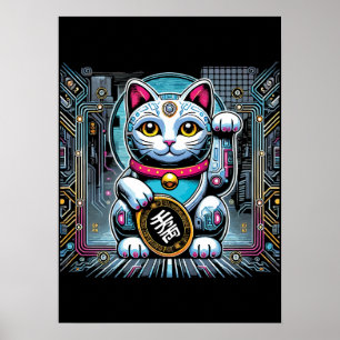 Cyberpunk Robot Maneki Neko Lucky Cat, Money Poster