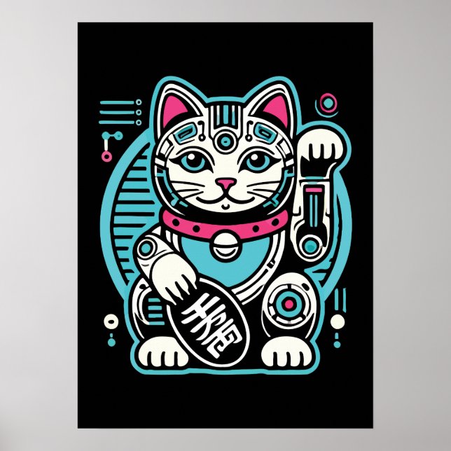 Cyberpunk Robot Maneki Neko Lucky Cat, Money Poster (Front)