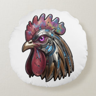 Cyberpunk Rooster Iridescent Mechanical Art  Round Pillow