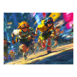Cyberpunk Runners Sprint Neon Rain City Action Art Photo Print
