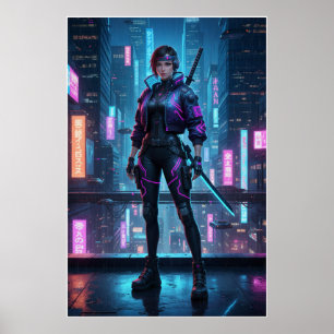 Cyberpunk Samurai Girl Neon City Warrior Poster