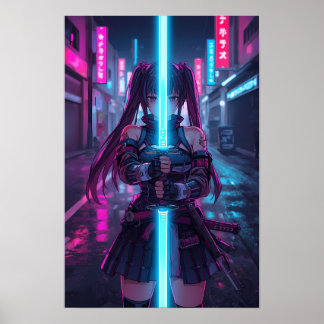 Cyberpunk Samurai Girl Neon Katana Anime Poster
