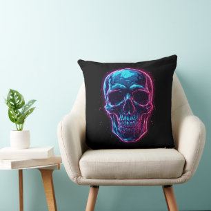 Cyberpunk Skull Neon Synthwave Glow Gamer Goth Throw Pillow
