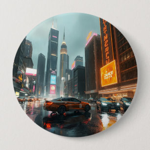 Cyberpunk Skyscrapper City Cars 4 Inch Round Button