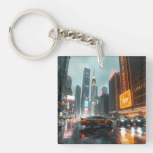 Cyberpunk Skyscrapper City Cars Keychain