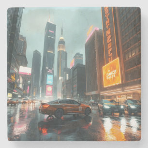 Cyberpunk Skyscrapper City Cars Stone Coaster