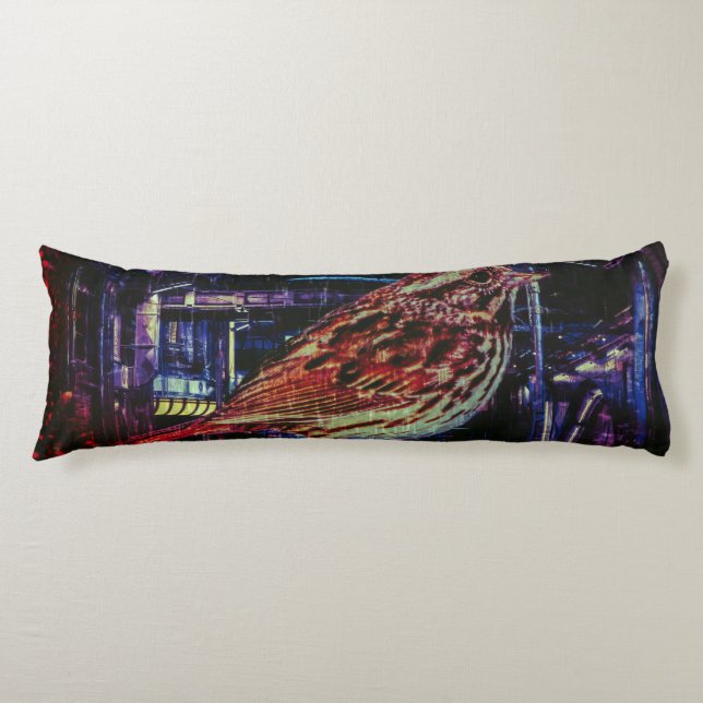 Cyberpunk Sparrow in Neon Cityscape Body Pillow (Front)
