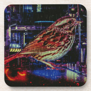 Cyberpunk Sparrow in Neon Cityscape Coaster