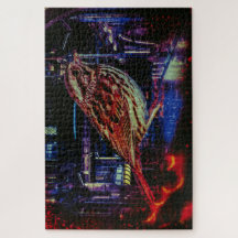 Cyberpunk Sparrow in Neon Cityscape