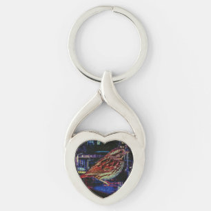 Cyberpunk Sparrow in Neon Cityscape Keychain