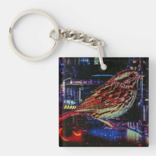 Cyberpunk Sparrow in Neon Cityscape Keychain