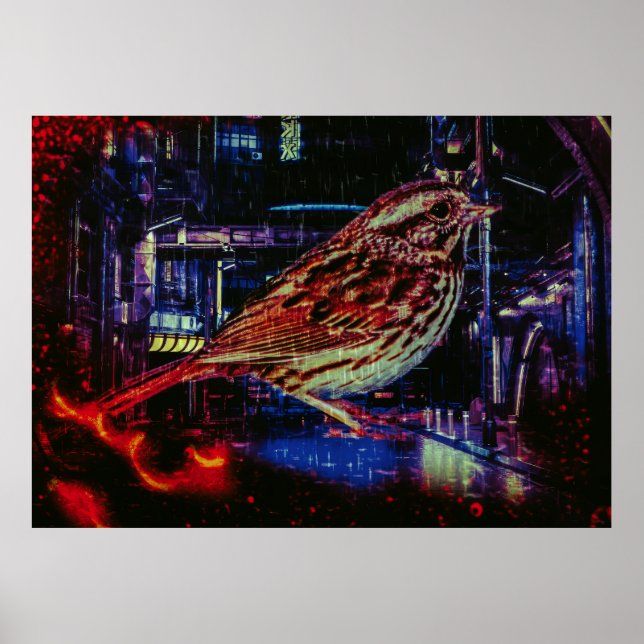 Cyberpunk Sparrow in Neon Cityscape Poster (Front)