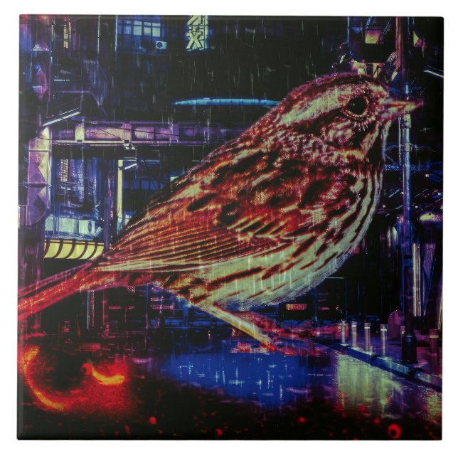 Cyberpunk Sparrow in Neon Cityscape Tile (Front)