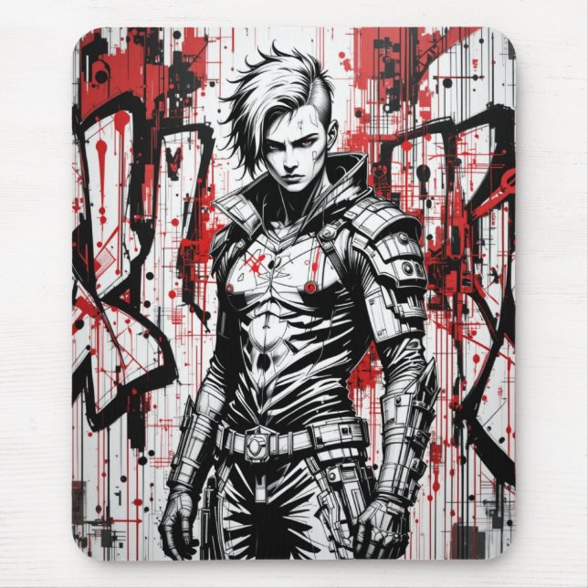 Cyberpunk Warrior Graffiti Mousepad – Red, Black  (Front)