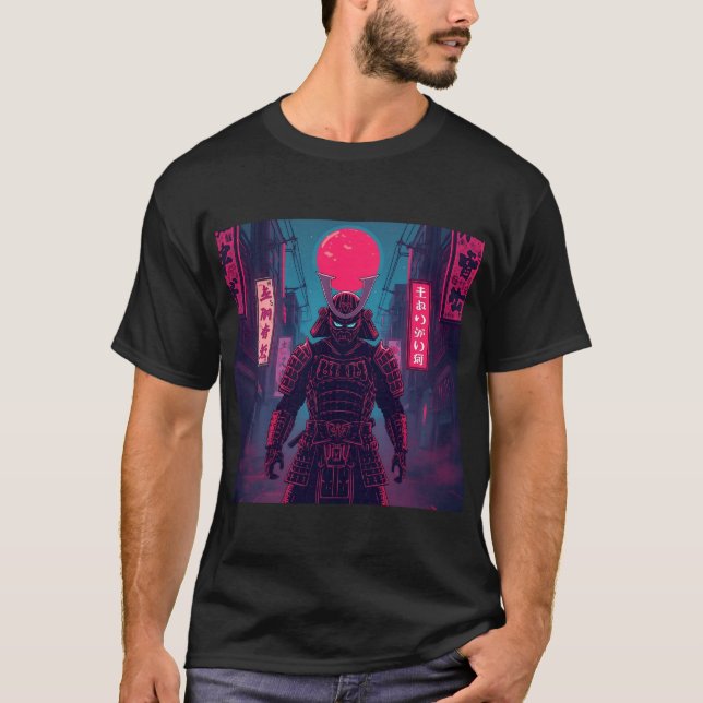 Cyberpunk Warrior Under Red Moon T-Shirt (Front)