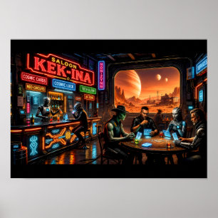 Cyberpunk Western Sci-Fi Saloon Neon Planet Bar Poster