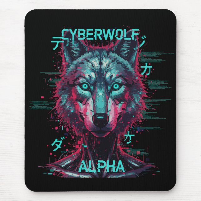 Cyberwolf Alpha | Futuristic Neon Cyberpunk Wolf  Mouse Pad (Front)
