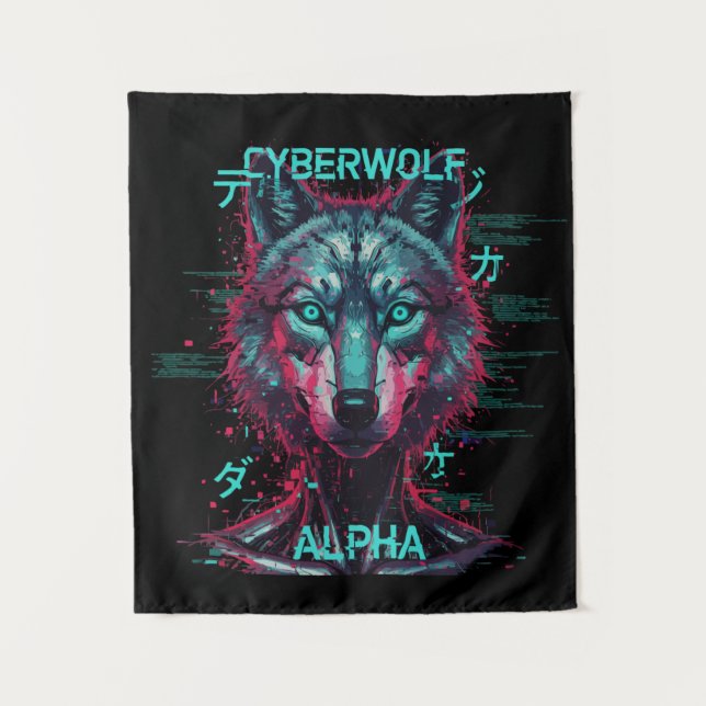 Cyberwolf Alpha | Futuristic Neon Cyberpunk Wolf  Tapestry (Front)