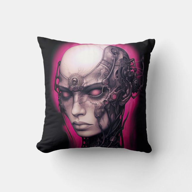 Cyborg Girl Cool Teen Pink Neon Throw Pillow (Front)