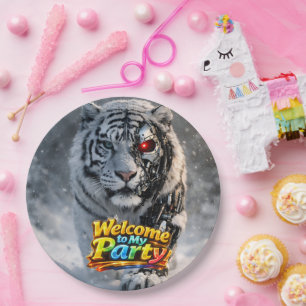 Cyborg tiger tech themed birthday party round pape paper plate