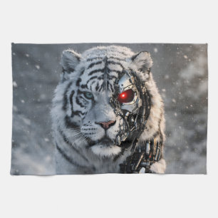 Cyborg white tiger kitchen towel, futuristic sci-f towel