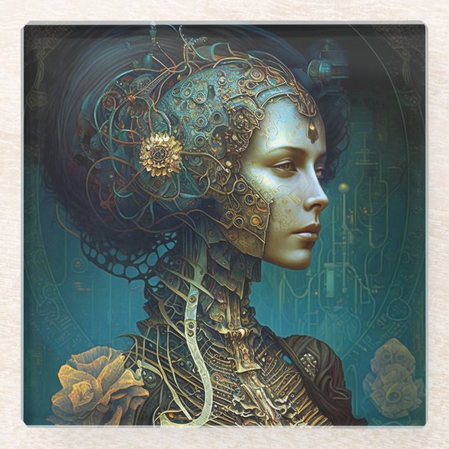 Cyborg Woman Fantasy Sci-Fi Art Glass Coaster (Front)