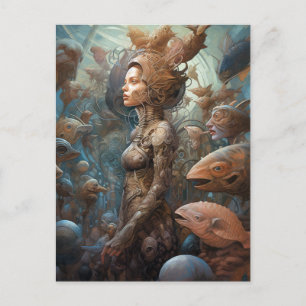 Cyborg Woman Surrounded By Creatures Postcard
