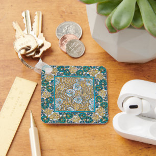 cyclamen blue art nouveau flower botanical keychain