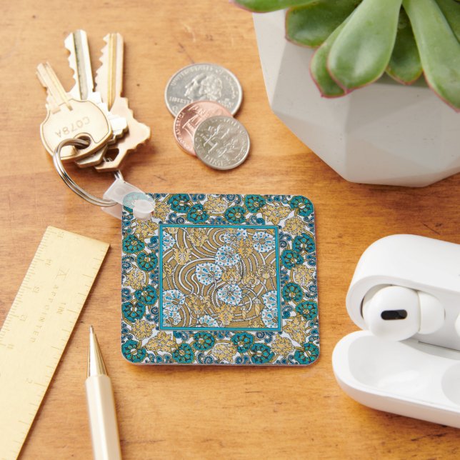 cyclamen blue art nouveau flower botanical keychain (Desk)