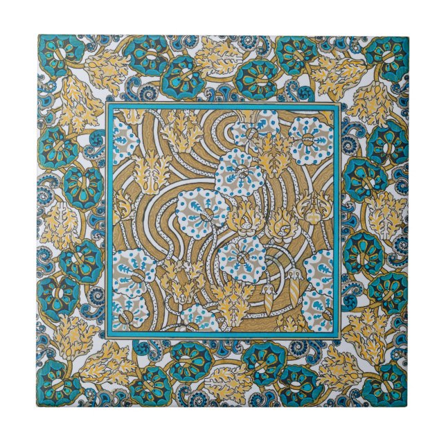 cyclamen blue art nouveau flower botanical tile (Front)