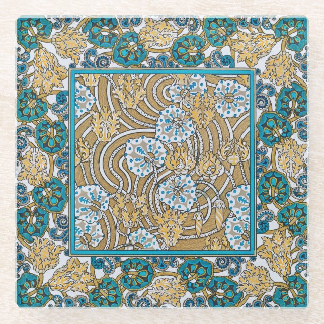 cyclamen blue art nouveau flower wallpaper  glass coaster (Front)